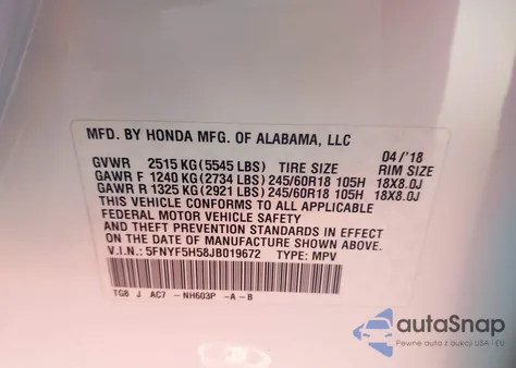 2018 Honda Pilot Ex-L из США, поврежденный, VIN 5FNYF5H58JB019672